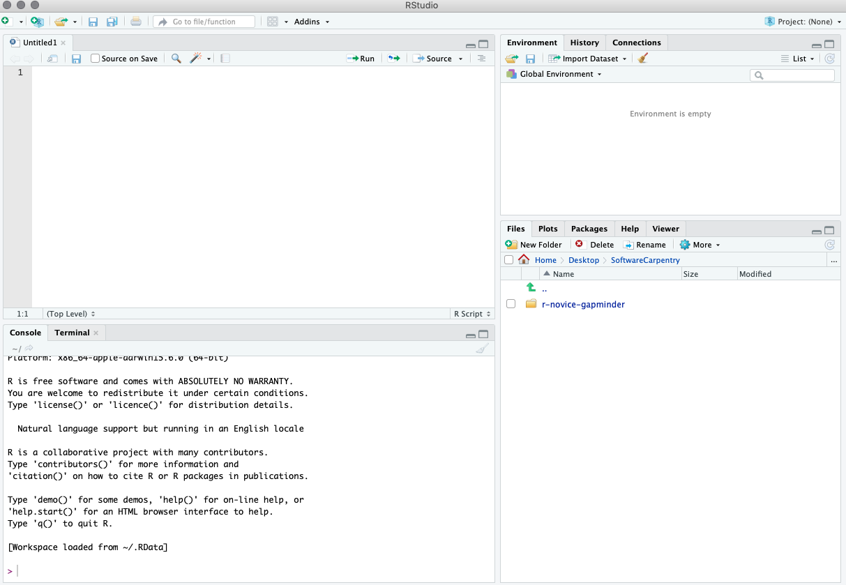 RStudio layout with .R file open