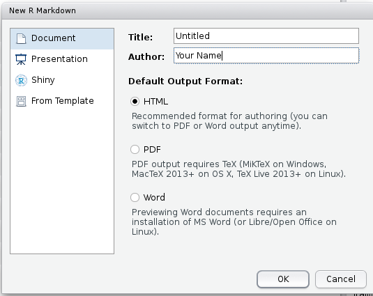 Screenshot of the New R Markdown file dialogue box in RStudio